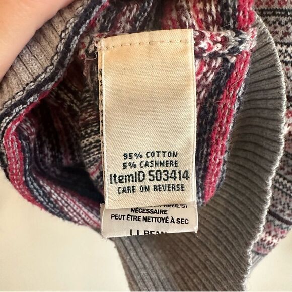 LL Bean Grey and Pink Fair Isle Cotton Cashmere Blend Turtle Neck Sweater - Picture 7 of 7